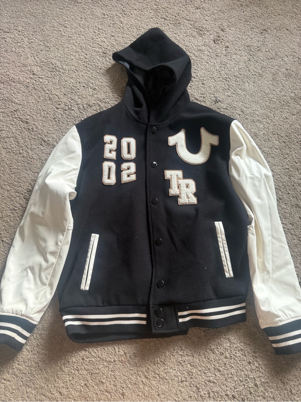 True religion Black & White Hooded Varsity Jacket